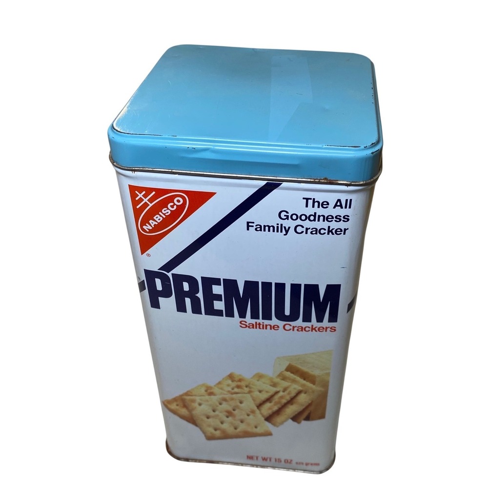 Vintage‎ 1978 Nabisco Premium Saltine Crackers Tin Canister 15 Oz Blue Lid